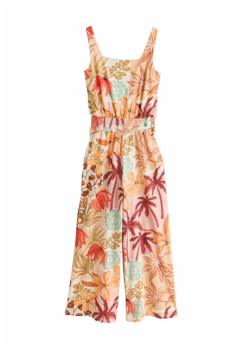 Romper floreale con corpetto aderente, vita arricciata e gambe larghe. Presenta vivaci motivi tropicali arancioni, rosa e verdi su uno sfondo crema.