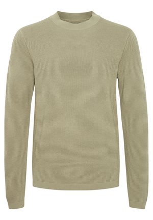 Light green knitted sweater with ribbed texture, round neck, and long sleeves. Features a standard fit and simple design with no patterns.