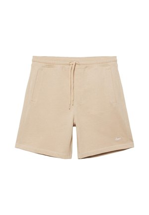 Beige Freizeithosen mit elastischem Bund, verstellbarem Kordelzug, seitlichen Taschen und kleinem, weiß gesticktem Logo am Saum des linken Beins.