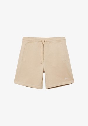 Shorts casual beige con cintura elastica, coulisse regolabile, tasche laterali e piccolo logo bianco ricamato sull'orlo della gamba sinistra.