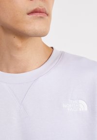 Detailní záběr dolní části obličeje a krku osoby, která má na sobě světlý levandulový pulovr s kulatým výstřihem a logem The North Face na hrudi.