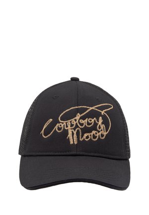 Black cap with a curved brim and mesh back, featuring gold script text "Cowboy Mood" prominently on the front.