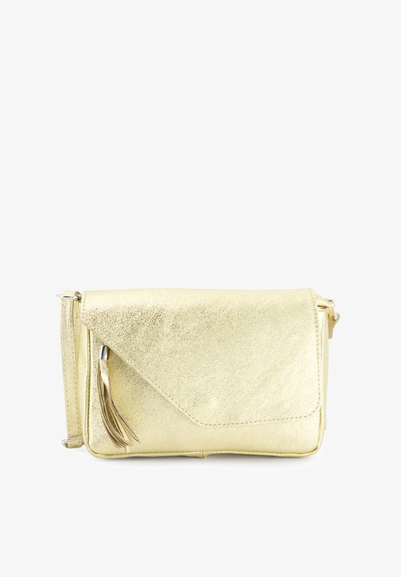 Guldfarvet syntetisk læder clutch taske med fold-over design, en frynseaccent og en glat tekstur. Kompakt og rektangulær form.
