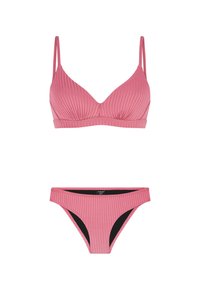 Set di bikini rosa con coste, dotato di spalline regolabili sulla parte superiore e bikini bottom coordinati con fodera interna nera, posato su uno sfondo bianco.