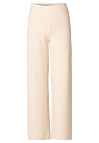 Beige wide-leg pants with an elastic waistband and smooth texture, designed for comfort with a clean silhouette and no visible seams.