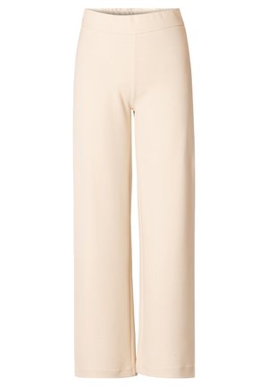 Beige wijde broek met een elastische tailleband en een gladde textuur, ontworpen voor comfort met een strakke silhouet en geen zichtbare naden.