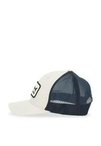 Cremfarbener Baseballcap mit navyblauem Netzrücken, ausgestattet mit einem Logopatch auf der Vorderseite, gebogenem Schirm und verstellbarem Snapback-Verschluss.