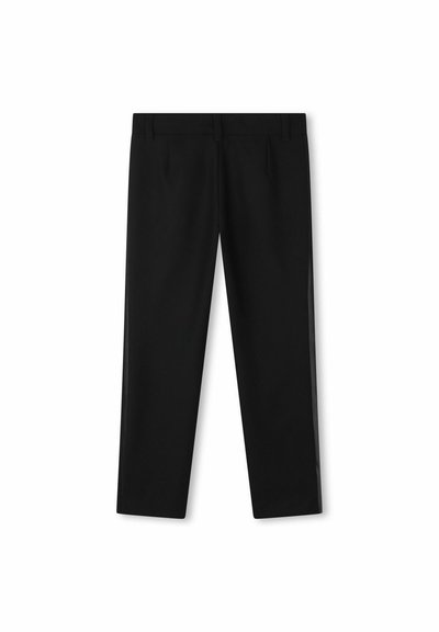 Zwarte broek met een recht model, voorzien van plooien, een soepele textuur en zijnaadaccenten. De stof heeft een nette afwerking.