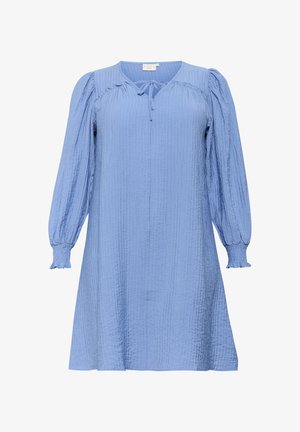 Hele sinine, tekstureeritud, põlvepikkune kleit pikkade puffiganustega. Omab V-kaelust, millel on sidumise detail ja elastsed mansetid.