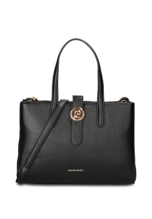 Zwarte leren handtas met dubbele handvatten, een afneembare schouderriem, een voorsluiting met gouden logo en "pierre cardin" merknaam in gouden letters.