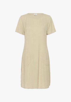 Rochie bej cu mânecă scurtă, realizată dintr-un material moale. Prezintă un decolteu rotund, două buzunare laterale și o croială largă, relaxată.