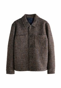 Tweed jacket in brown tones, featuring a pointed collar, front button closure, and one chest pocket with a textured finish.