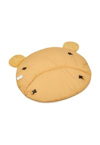 Round, yellow padded mat with bear ears. Soft texture, black hardware for securing. Smooth surface with a slight sheen.