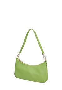 Borsa a mano in pelle verde con finitura texture, forma curva, tracolla singola e dettagli in metallo color oro, dotata di chiusura con zip.