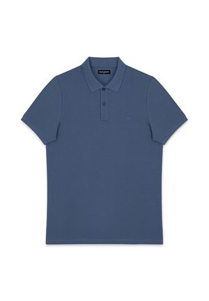 Granatowa koszulka polo z krótkim rękawem, kołnierzykiem i rozcięciem na dwa guziki, gładki wzór bez widocznych wzorów ani logo.