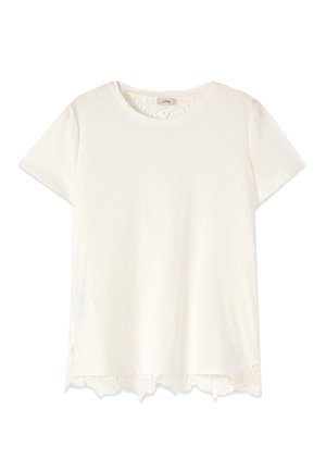 Top bianco da donna a maniche corte con scollo rotondo e dettaglio in pizzo sull'orlo e sul colletto posteriore.