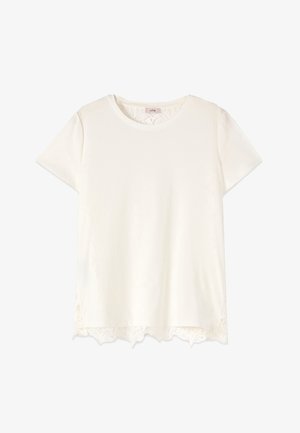 Top bianco da donna a maniche corte con scollo rotondo e dettaglio in pizzo sull'orlo e sul colletto posteriore.