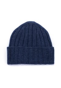 Berretto in maglia di colore blu navy, con texture a coste e risvolto. Realizzato in una morbida miscela di lana per garantire calore.
