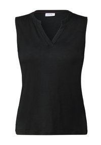 Schwarzes ärmelloses Top mit V-Ausschnitt, aus glattem Baumwollmaterial gefertigt; zeichnet sich durch ein schlichtes, tailliertes Design und einen gesteppten Saum aus.