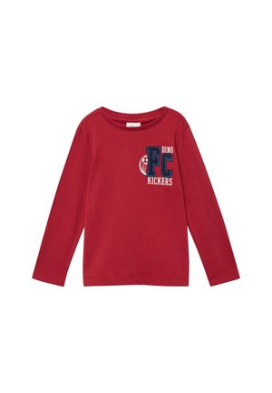 Rotes Langarm-T-Shirt aus Baumwolle mit einem blauen gestickten Logo "FC DINO KICKERS" und einem Grafik eines Fußballs.
