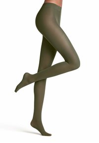 Nieprzezroczyste oliwkowe rajstopy o gładkiej fakturze, z wysokim stanem i bezszwowym designem, pokrywające nogi od talii aż po palce.
