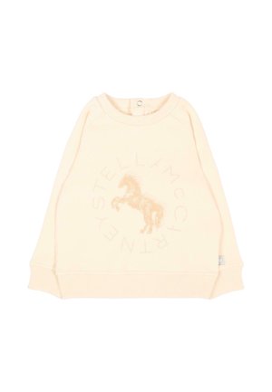 Kremowy, długi rękaw sweterek dziecięcy z prążkowanymi mankietami i dołem, z motywem konia i okrągłym napisem "Stella McCartney" z przodu.