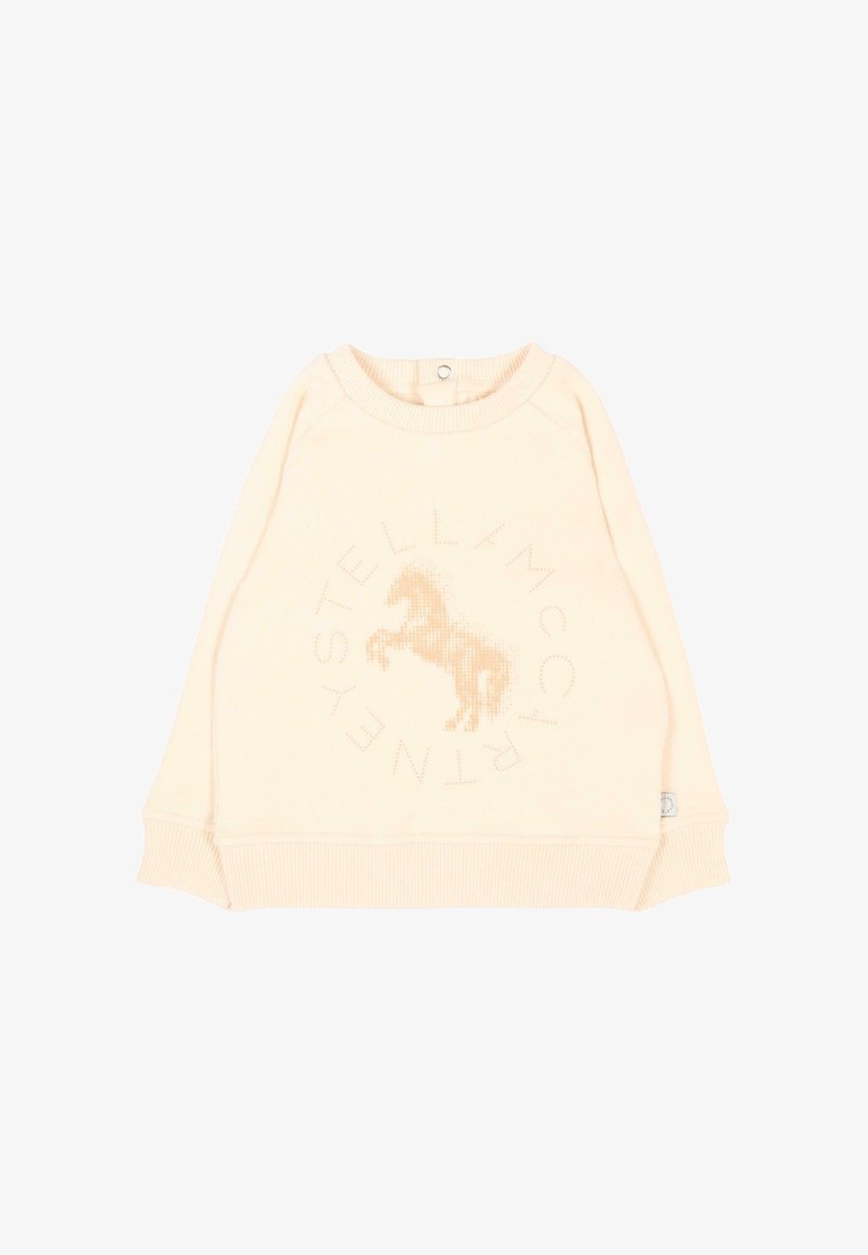 Maglione per neonato a maniche lunghe color crema con polsini e orlo a coste, con motivo di un cavallo e testo circolare "Stella McCartney" sul davanti.