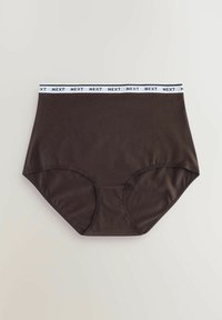 Smeđi visokotkani gaćice s glatkom teksturom i bijelim strukom na kojem je crnim slovima ispisano ime marke "NEXT".