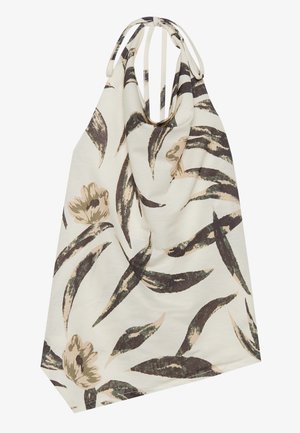 Krém színű virágmintás táska, sötétzöld levelekkel és bézs virágokkal. A dizájn hosszan elnyújtott pántokat tartalmaz a hordozás érdekében.