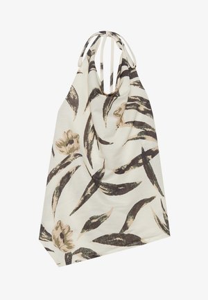 Kreemi kangast lillekott, millel on tumerohelised lehed ja beežid lillede mustrid. Kujunduses on pikendatud rihmad kandmiseks.