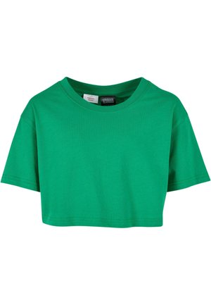 Grønn cropped t-skjorte laget av myk bomull med rund hals og korte ermer. Har enkle, rene linjer og ingen ekstra mønstre.