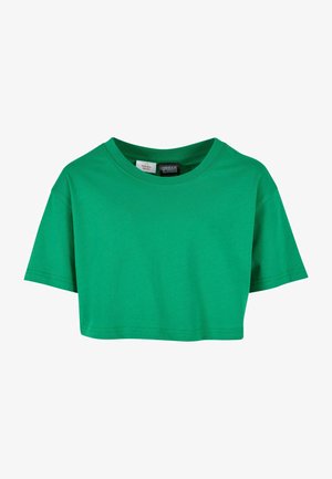 Zeleni skraćeni majica od mekanog pamuka s okruglim izrezom i kratkim rukavima. Ima jednostavne, čiste linije i bez dodatnih uzoraka.