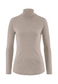 Langarm-Turtleneck-Shirt in Beige, aus weichem, dehnbarem Stoff gefertigt. Verfügt über ein figurbetontes Design, eine glatte Textur und einen klassischen Rollkragen.