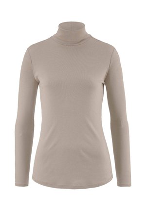 Langsleeve coltrui in tan, gemaakt van zachte, rekbare stof. Heeft een slim fit ontwerp, een gladde textuur en een klassieke opgerolde kraag.