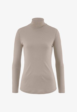 Langsleeve coltrui in tan, gemaakt van zachte, rekbare stof. Heeft een slim fit ontwerp, een gladde textuur en een klassieke opgerolde kraag.