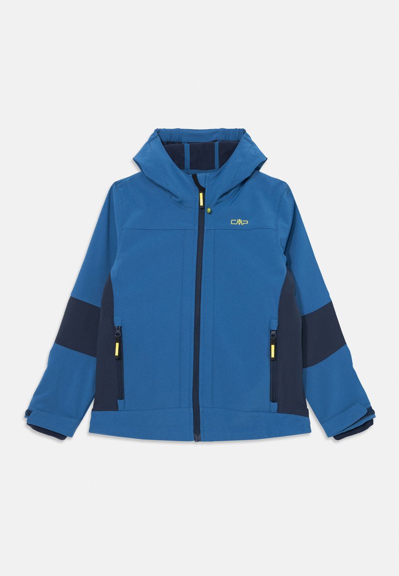 Veste softshell bleue avec capuche, dotée de panneaux latéraux navy contrastants, d'une fermeture éclair avant et d'accents jaunes sur la fermeture éclair.