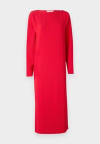 Robe midi en maille côtelée rouge vif à manches longues avec un col rond haut et une silhouette ajustée.