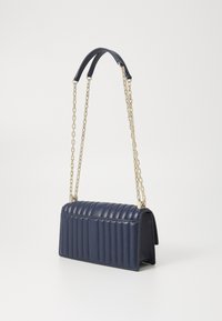Navy faux leather handbag with a quilted texture, rectangular shape, and gold chain strap. Features a top handle and minimal hardware.