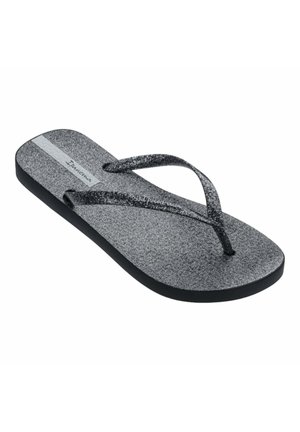 Infradito neri glitterati con soletta testurizzata e cinghie lisce, dotati di una sottopiede nera sottile e di una striscia di accentuazione argentata sulla soletta.