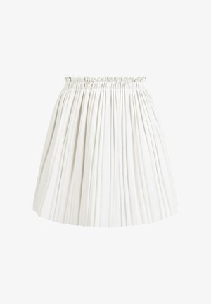 Valge plisseeritud seelik, millel on kokkusurutud elastne vöökoht, pehme tekstuur ja kerge sära, põlvepikkune disain ühtlaste volditega.