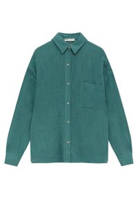 Long-sleeve teal button-up shirt with a collar and a single chest pocket, made from textured fabric.