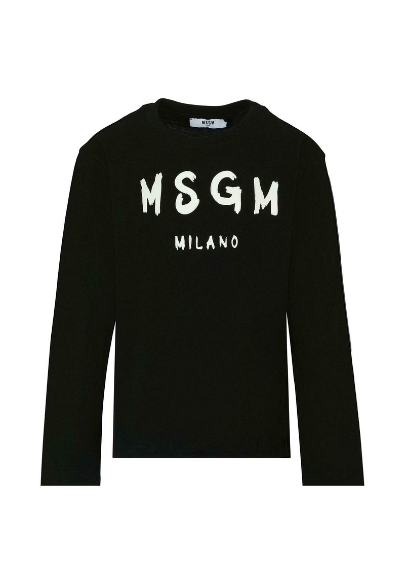 Camicia di cotone nera a maniche lunghe con la scritta bianca "MSGM" e "MILANO" stampata. Presenta un classico collo tondo e una texture liscia.