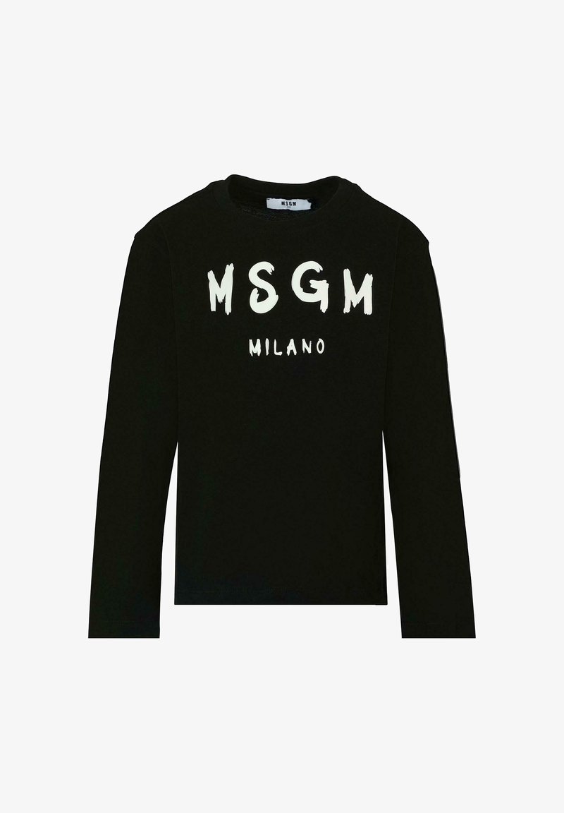 Zwarte katoenen shirt met lange mouwen, met witte opdruk van "MSGM" en "MILANO". Heeft een klassieke ronde hals en een gladde textuur.