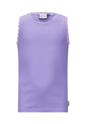 Paarse mouwloze ribben top met een geschulpte kantafwerking rond de halslijn en een klein geborduurd logo op de borst.