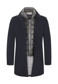 Marineblauer Wollmischmantel mit herausnehmbarer grauer Steppweste, eleganten Revers und zwei Fronttaschen. Verfügt über einen Reißverschluss und Knopfakzente.