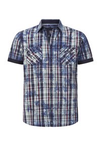 Kurzärmliges karierter Hemd in Blau-, Burgunder- und Grüntönen. Verfügt über zwei Brusttaschen und eine klassische Knopfleiste mit einem dunklen Kragen.