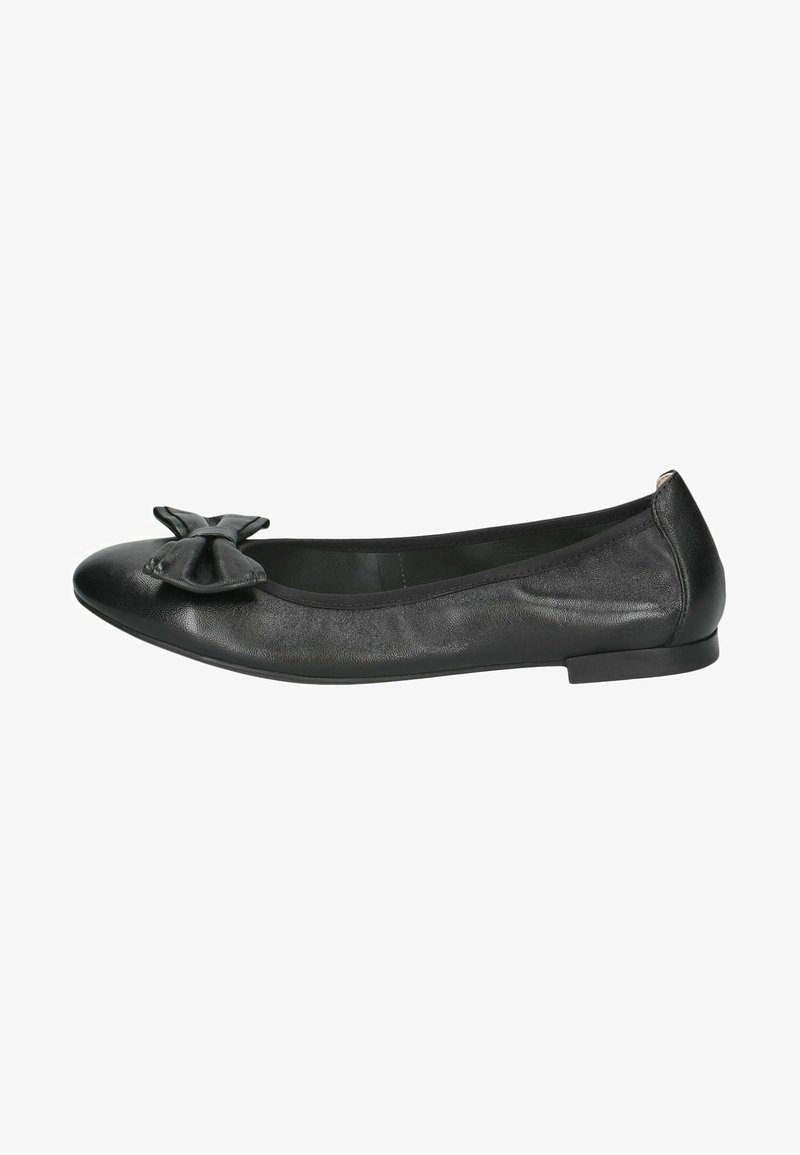 Ballerines en cuir noir avec un bout arrondi, un nœud latéral et une semelle plate. Texture lisse avec un design minimaliste.