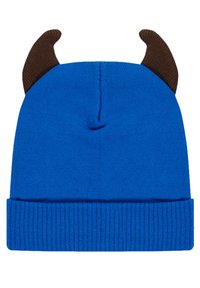 Berretto di maglia blu con risvolto a costine, caratterizzato da due corna in tessuto marrone sulla parte superiore per un design giocoso. Texture morbida in tutto il berretto.