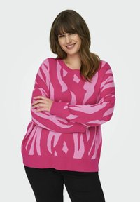 Pulover roz cu un model abstract de dungi zebre de nuanțe mai închise de roz, guler rotund, mâneci lungi și manșete strâmte, asortat cu pantaloni negri.