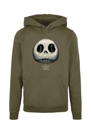 Olivengrønt hoodie med et stort Jack Skellington kraniegrafik, der har figurer indeni, frontlomme og snøre i hætten.